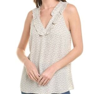 Cabi Polka Dot Tank Top Size S Cream Ruffle V-Neck Sleeveless Blouse Loose Fit